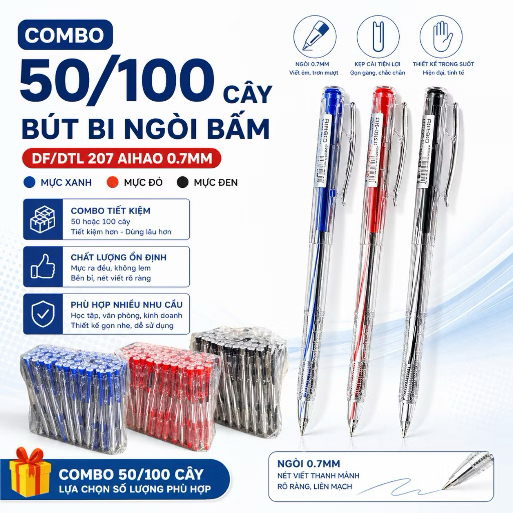 Combo 50/100 cây bút bi DF-207 ngòi 0.7mm( Mực Xanh/Đỏ/Đen/Mix Màu)