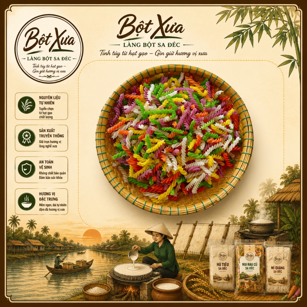 Nui Rau Củ Bột Xưa 1kg - Nui Xoắn - Nui Sò - Nui Ống Ngắn - Nui Ống Dài Rau Củ , Đặc Sản Sa Đéc