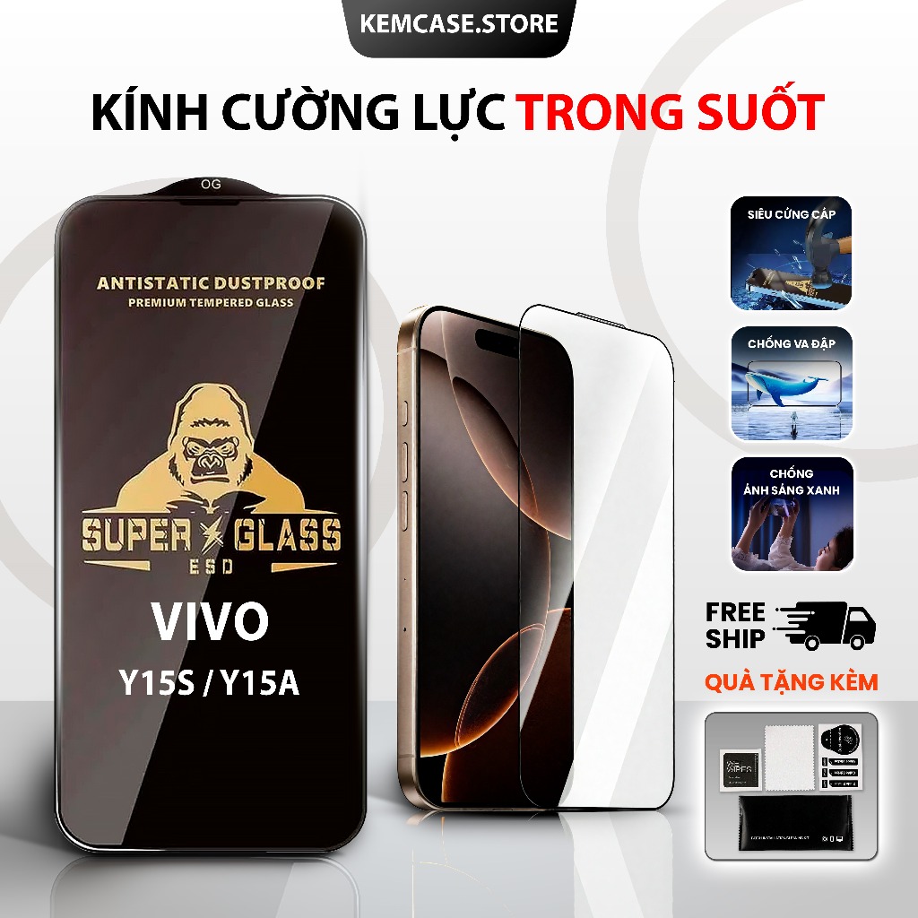 Kính cường lực Vivo Y15S, Y15A trong suốt , toàn màn hình | Miếng kính dán bảo vệ màn hình cho Vivo