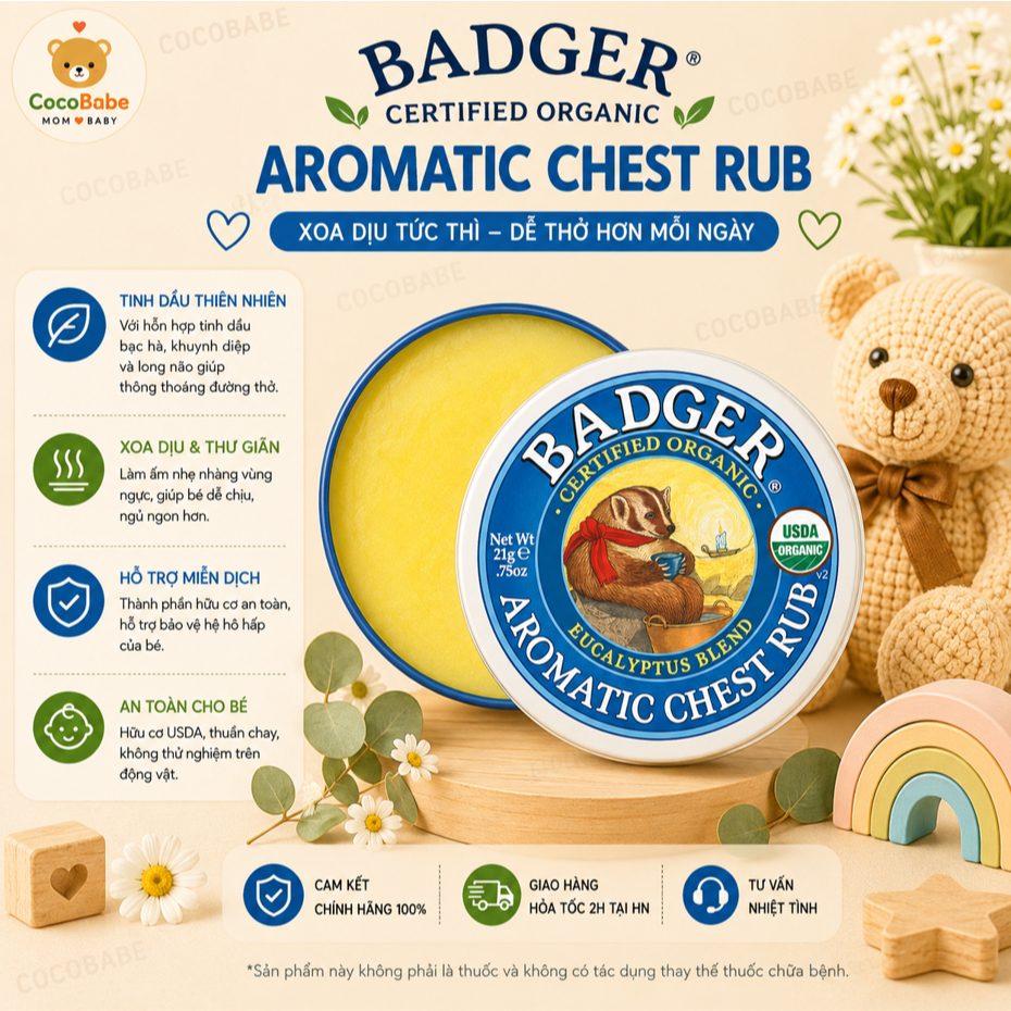 [ Hàng Mỹ ] Sáp Hữu Cơ Làm Ấm Ngực Badger - Hỗ Trợ Hô Hấp Dễ Dàng, Làm Ấm và Thư Giãn