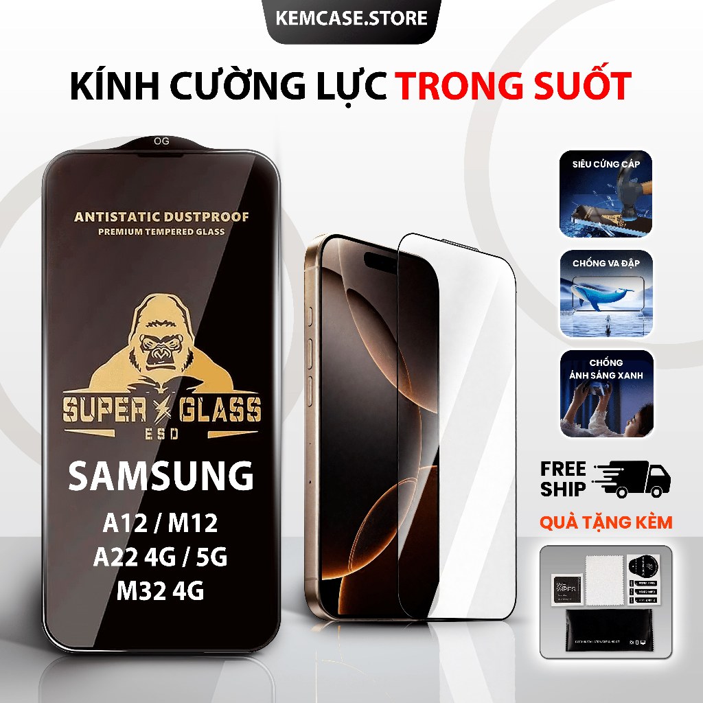 Cường lực Samsung A12, A22 4G, A22 5G, M32 4G, M12 trong suốt , toàn màn hình  | Miếng dán bảo vệ mà