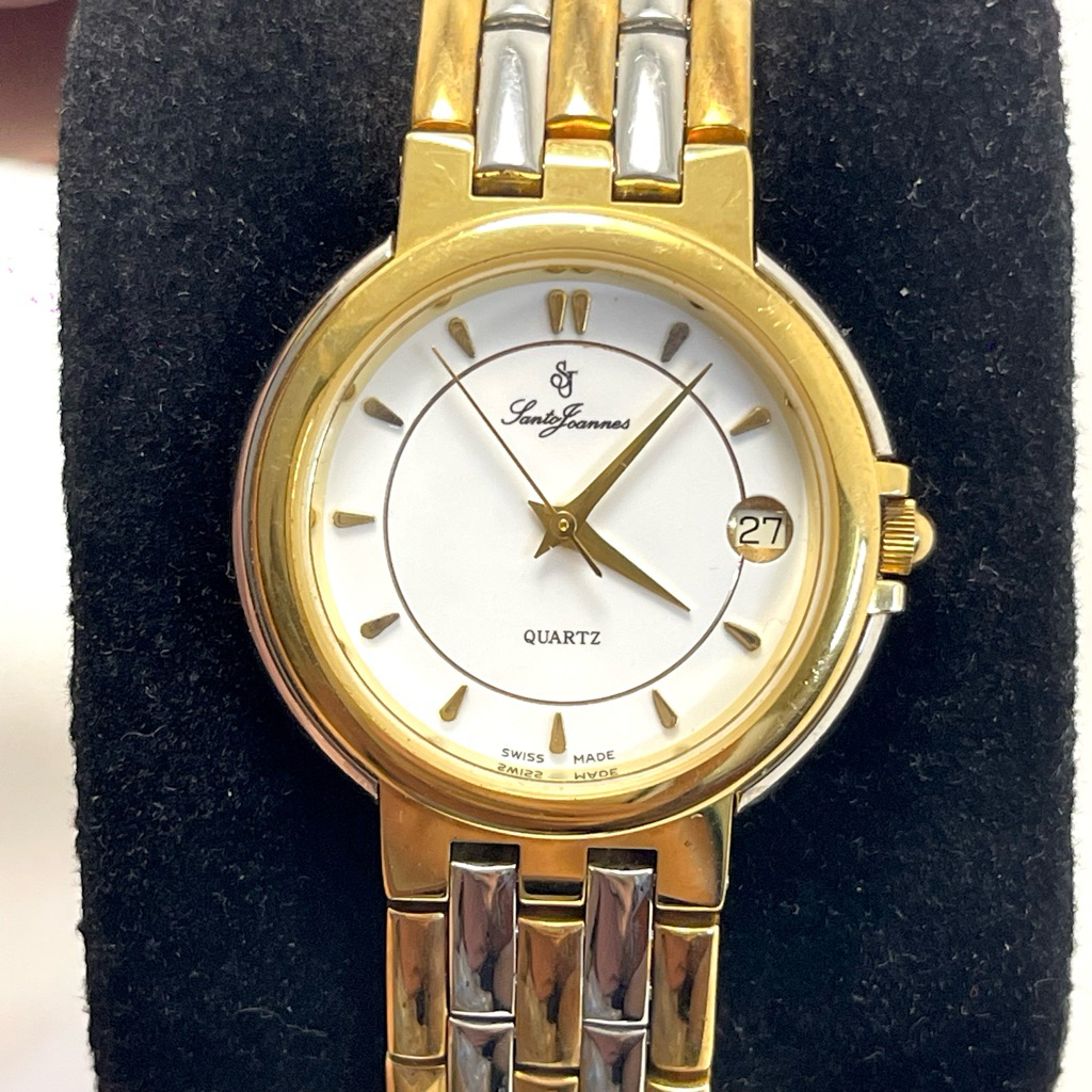 Đồng hồ nữ hiệu Santo Joannes Vintage đờ mi bọc vàng, lịch ngày độc đáo 31mm - Thuỵ Sỹ [2HAND]