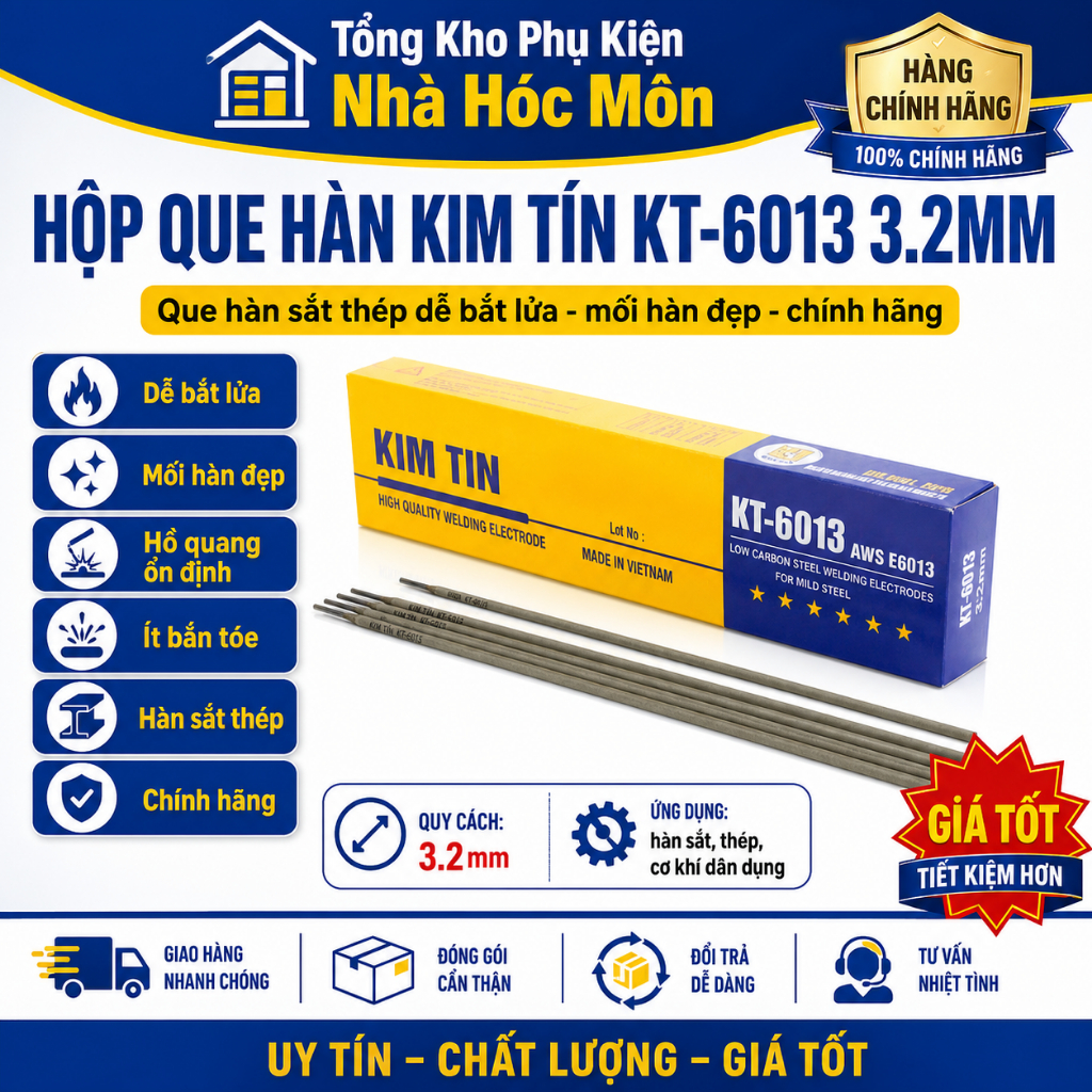 Hộp Que Hàn Kim Tín KT-6013 3.2mm – Que Hàn Sắt Thép Dễ Bắt Lửa, Mối Hàn Đẹp, Chính Hãng
