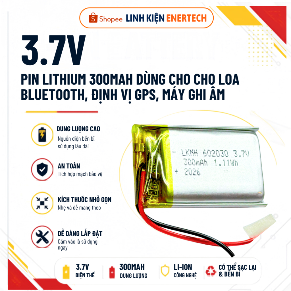Pin dẹt Li-Po 3.7V 300mAh kích thước 60x20x30mm - Pin Lithium 300mAh độ dày 6mm có mạch bảo vệ
