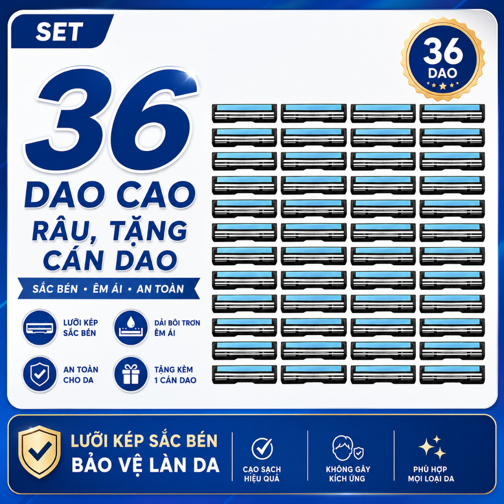 Combo 36 lưỡi dao cạo râu tặng 1 cán dao và hộp đựng, dao cạo râu nam thay lưỡi