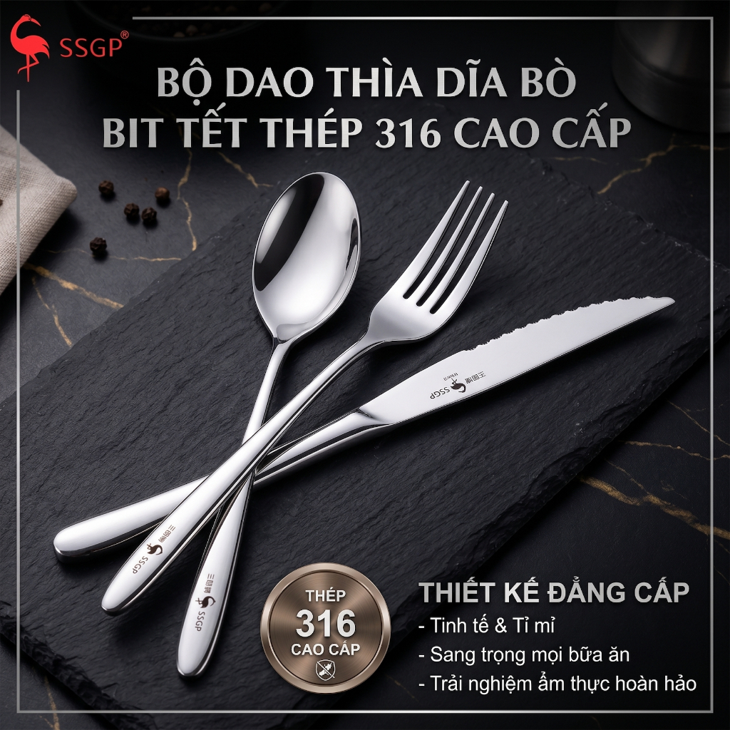 Combo dao muỗng nĩa ăn beefsteak Berlin inox 316 SSGP của , thìa ăn, muỗng ăn, bộ muỗng, nỉa