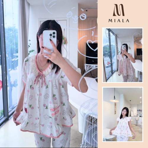 Bộ Đồ Ngủ Nữ cộc dài MIALA Pijama Hello Kitty Sọc Hồng Cổ Ren Nơ, Chất Đũi Mềm Mát