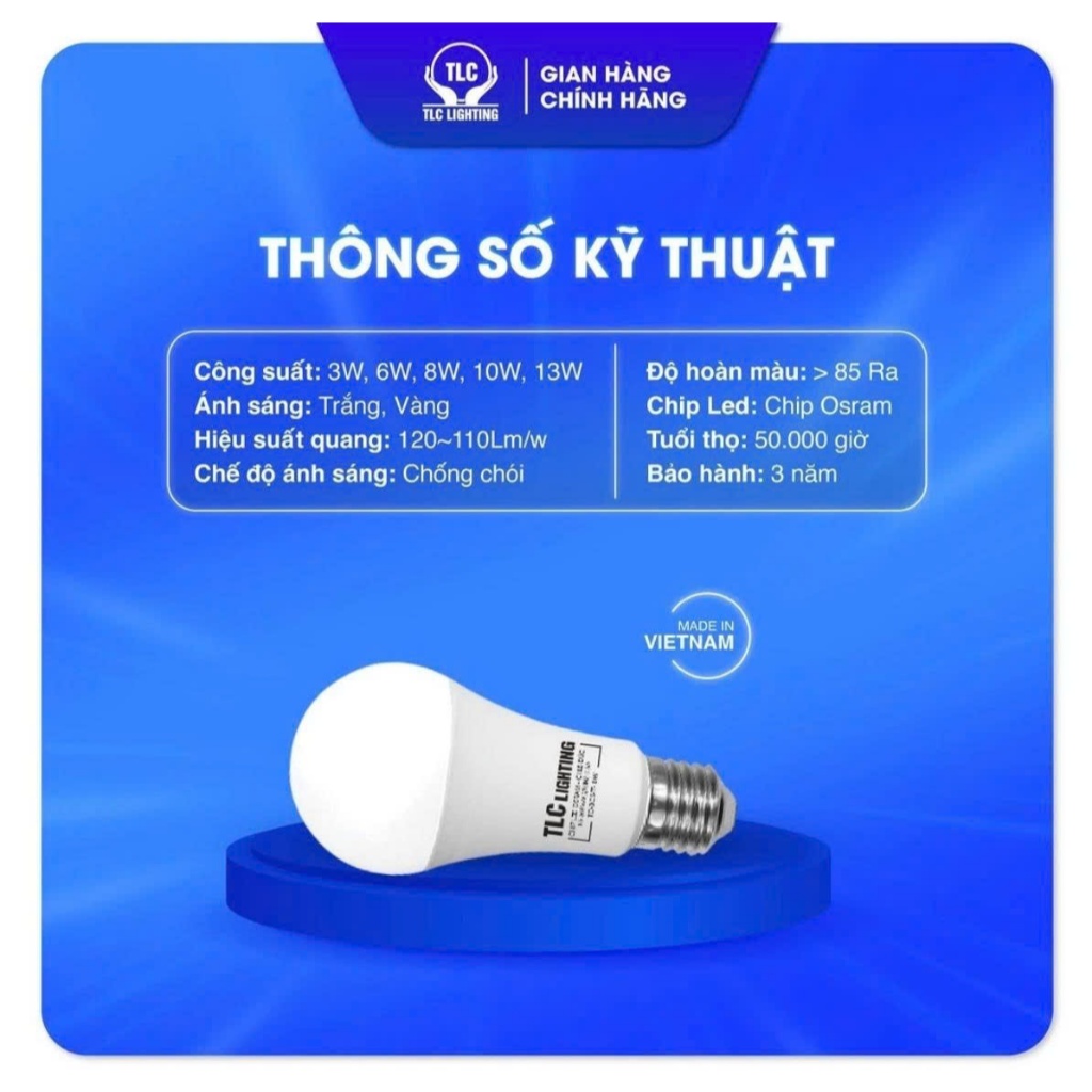 (TLC LIGHTING) Bóng Đèn LED Bulb TLC Búp OS 3W 6W 8W 10W 13W Chip Osram Đức Siêu Sáng Tiết Kiệm Điện