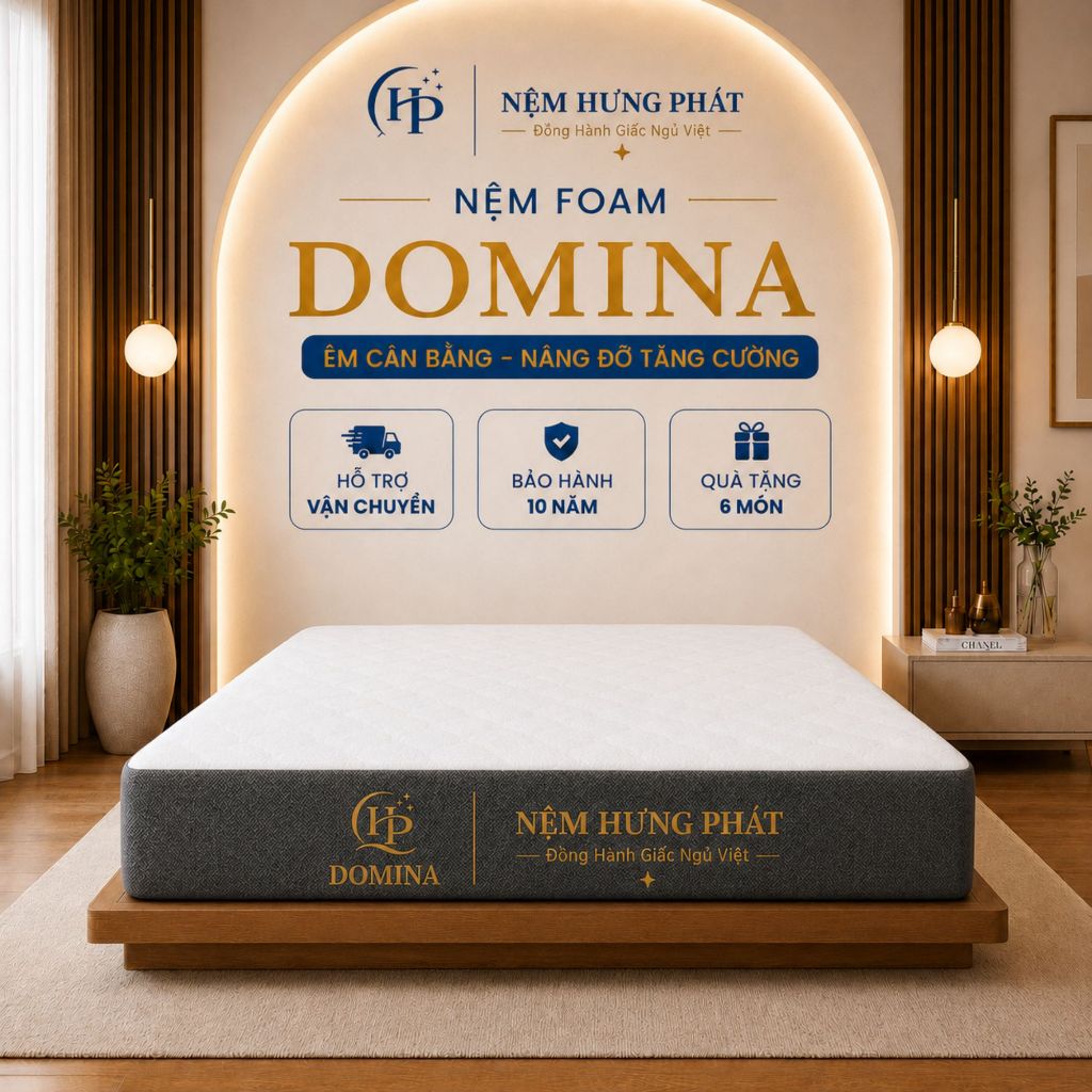 Nệm Foam Domina Hưng Phát - Hỗ Trợ Nâng Đỡ, Êm Ái, Hạn Chế Lún Sâu, Bảo Hành 10 Năm