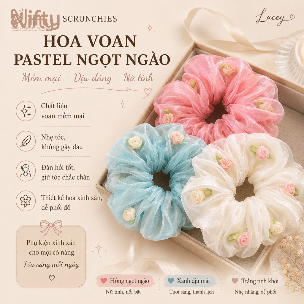 Combo scrunchies buộc tóc/Dây Buộc Tóc Scrunchies Nifty Vải Voan Bồng Bềnh Đính Hoa Hồng Tone Màu Pa