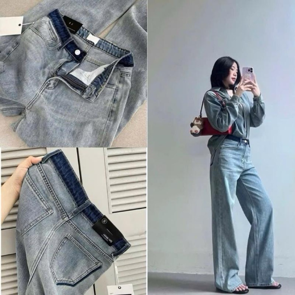 QUẦN JEASN SUÔNG NỮ PHỐI CẠP MẦU XANH M116