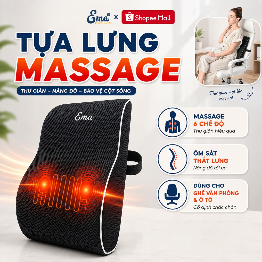 Gối Tựa Lưng Massage Sưởi Ấm Công Thái Học EMA - Đệm Cao Su Non Giảm Đau Mỏi Lưng Ghế Văn Phòng | BigBuy360 - bigbuy360.vn