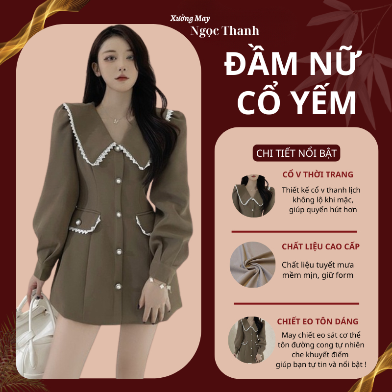 Đầm cổ chữ V chất liệu tuyết mưa dầy dặn, dáng chữ A, tay áo phồng,chạy bèo cực xinh, cúc ngọc xin x