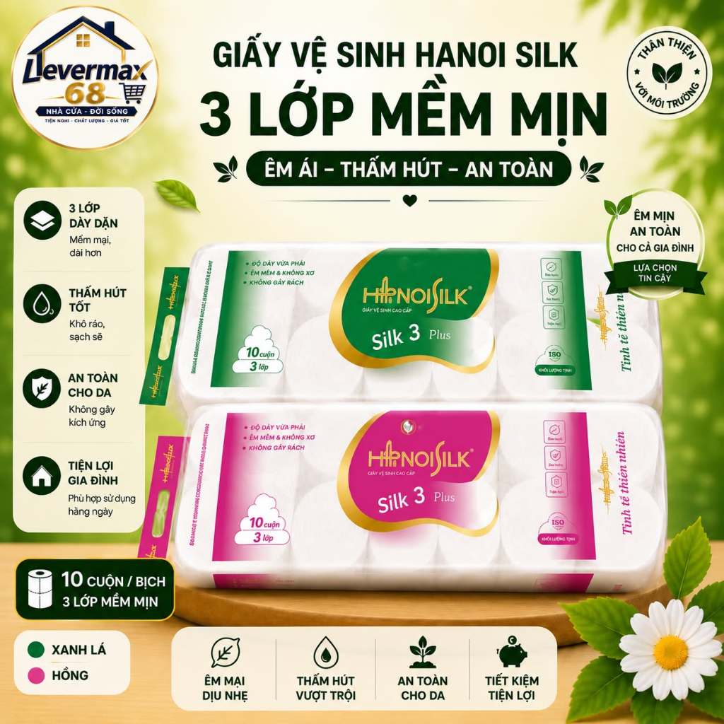 Giấy Vệ Sinh Hanoi Silk Xanh Lá/Hồng 3 Lớp 10 Cuộn/Bịch - Siêu dai, mềm mịn, tan nhanh