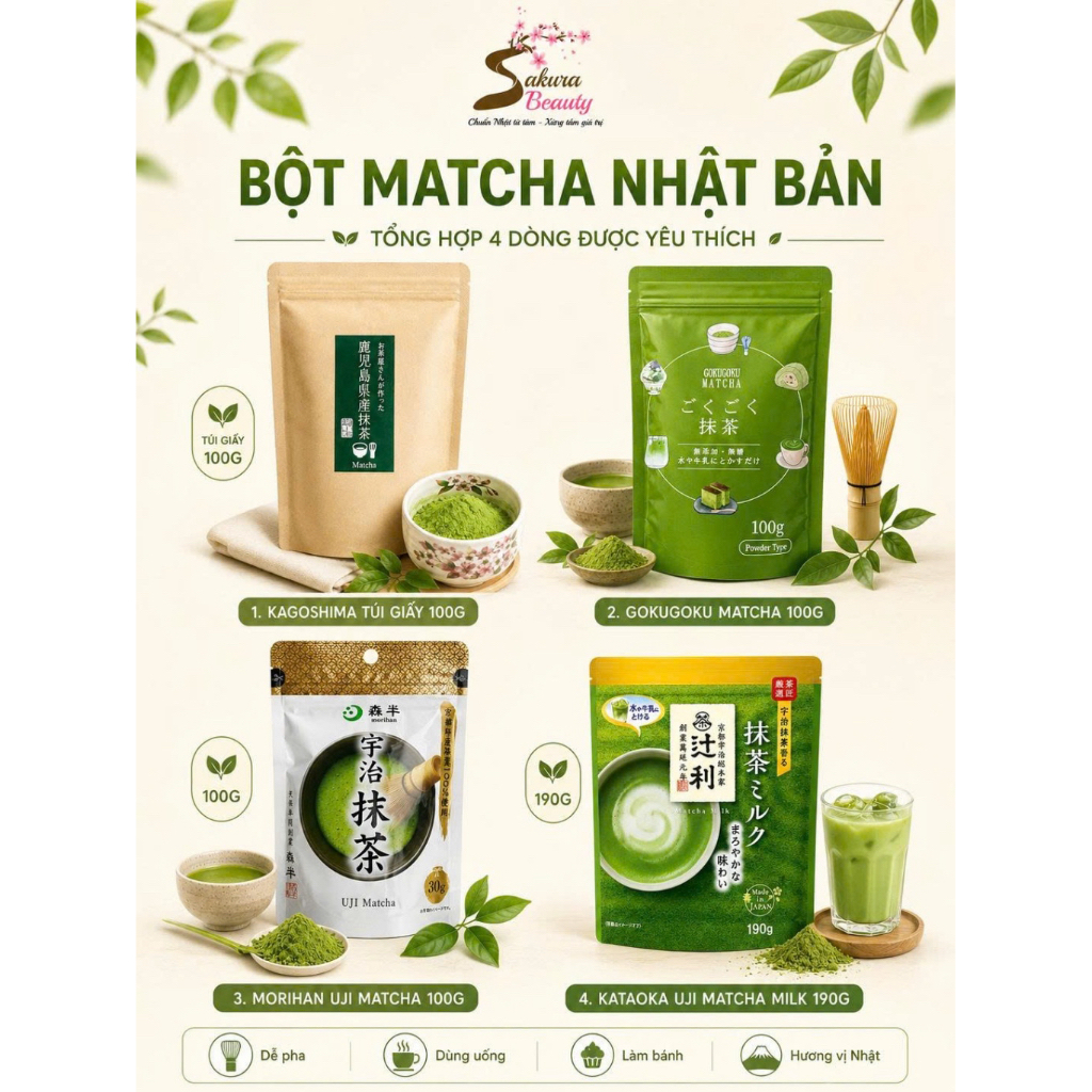 Bột Matcha Nhật Bản Nguyên Chất – Kagoshima, Gokugoku, Morihan Uji & Kataoka Matcha Milk - Nội