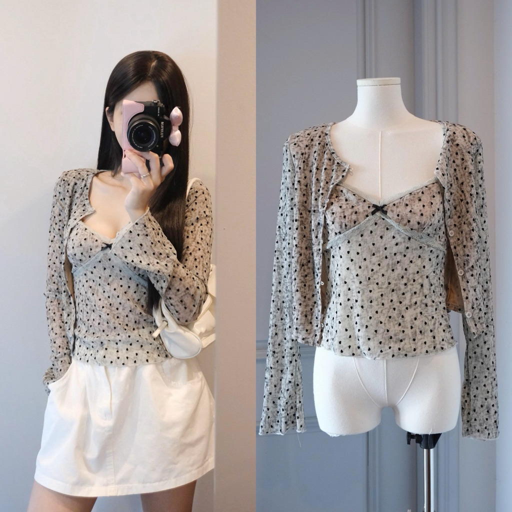 𝐁𝐋𝐀𝐍𝐂𝐄 𝐒𝐓𝐔𝐃𝐈𝐎 ♡ Set áo chấm bi nơ xám qccc