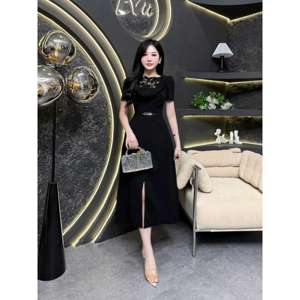 2HS107- Váy Thiết Kế Eviici dành cho nữ, thiết kế cổ đổ phối ren hoa trước (tặng kèm đai) dáng A dài