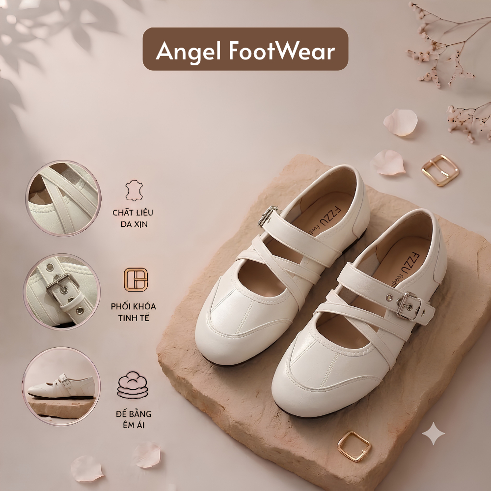 Giày Bệt Nữ Ballet, Giày Mary Jane Nữ 2 Quai Đan Chéo Màu Kem Đen || Mã N66