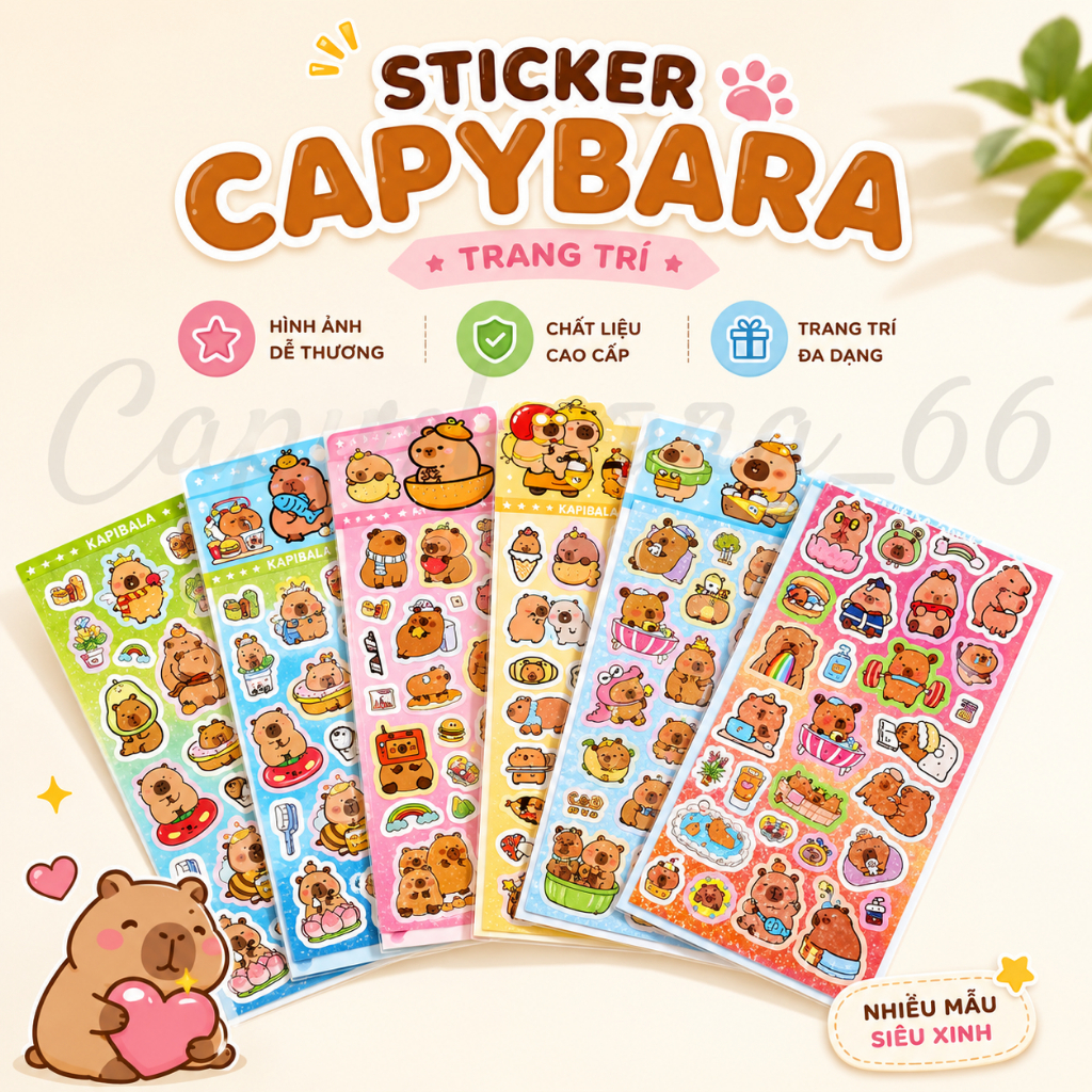 5 Tờ Sticker Nhũ Capybara, Labubu, Kuromi, Baby Three – Bộ Sticker Dán Trang Trí Kawaii Chống Nước