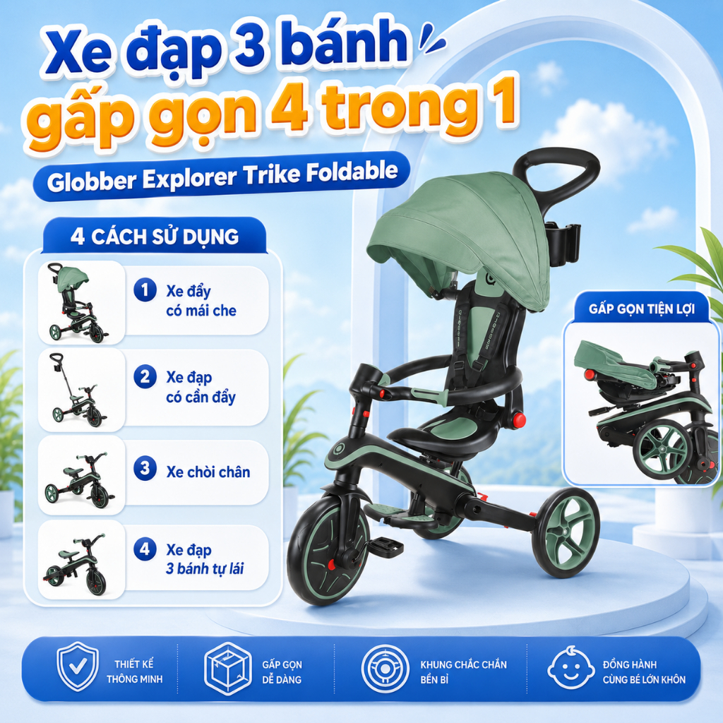 [CHÍNH HÃNG] Xe Đạp 3 Bánh Globber Explorer Trike Foldable 4in1 Gấp Gọn, Xe Thăng Bằng Đa Năng Cho B