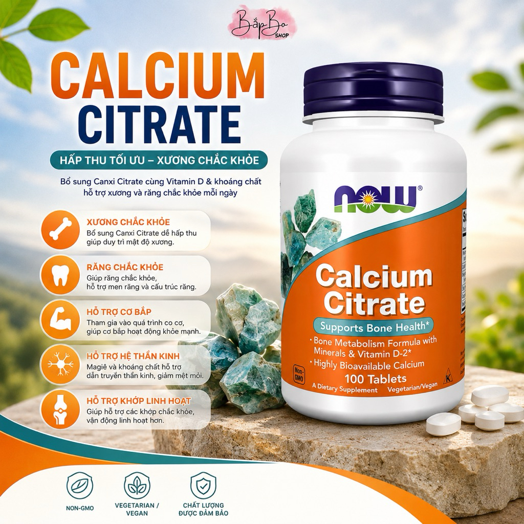 NOW Calcium Citrate  - Canxi hữu cơ Citrate Kèm Vitamin D2 Magie Kẽm Hỗ Trợ Sức Khỏe Xương & Răng