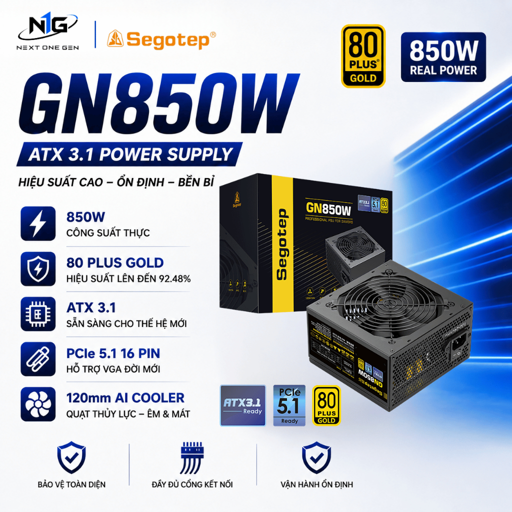 [CHÍNH HÃNG - BH 3 NĂM] Nguồn Segotep GN850W 850W 80 Plus Gold ATX 3.1 PCIe 5.1 Full Modular