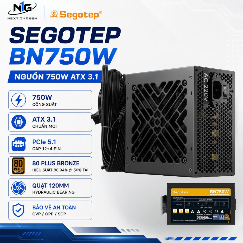 [CHÍNH HÃNG - BH 3 NĂM] Nguồn Segotep BN750W 750W ATX 3.1 PCIe 5.1 80 Plus Bronze Cho PC Gaming