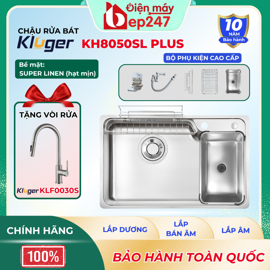 Chậu Rửa Bát 1 Hố Kluger KH8050SL Plus Lớn Chống Xước Vượt Trội Thoát Nước Nhanh, Bảo Hành 10 Năm