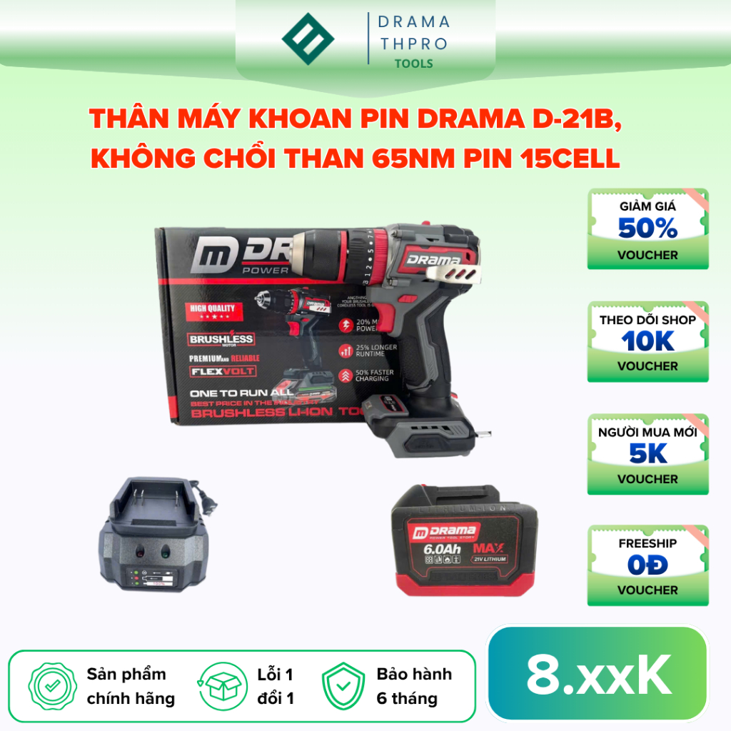 Máy Khoan Pin DRAMA D-21B, pin15cell Drama, Không chổi than 65Nm, 3 Chức năng 13mm, 23 Cấp trượt