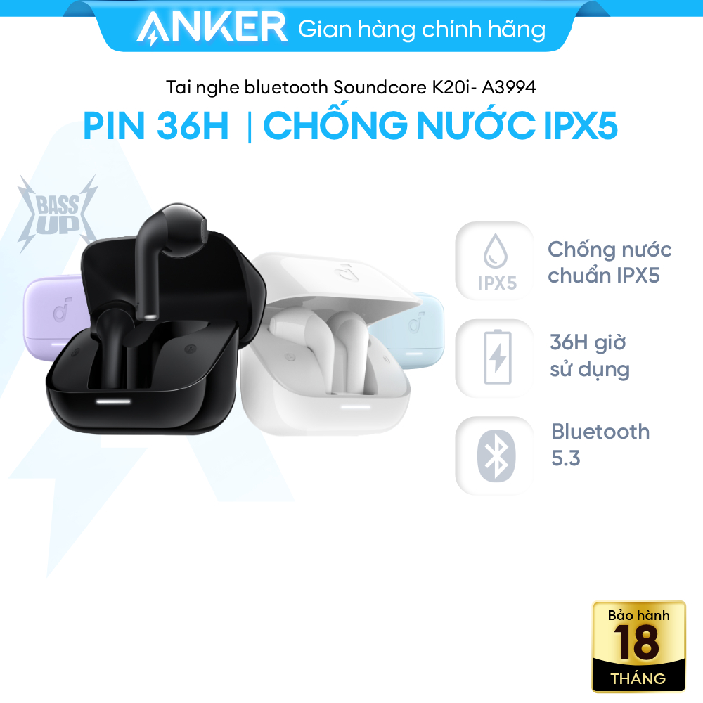 Tai nghe Soundcore bluetooth K20i Anker Bluetooth 5.3, pin 36H, chống nước IPX5, dạng bán trong tai 