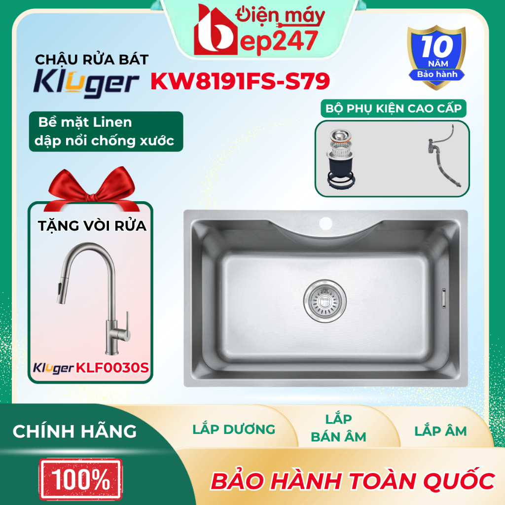 Chậu Rửa Rát 1 Hố Kluger KW8191FS-S79 Bề Mặt LINEN Chống Xước Hạn Chế Bám Dàu Mỡ Inox 304 Sáng Bóng