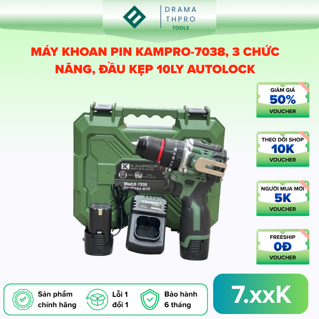 Máy Khoan Pin Kampro-7038, 3 Chức Năng, Đầu Kẹp 10ly Autolock, Động Cơ Không Chổi Than