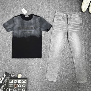 COMBO ÁO THUN ĐEN NAM TAY NGẮN PHỐI QUẦN JEAN XÁM TRƠN DÀI, CHẤT COTTON CO DÃN, SET ĐỒ NAM ĐẸP, COMBO ÁO QUẦN NAM