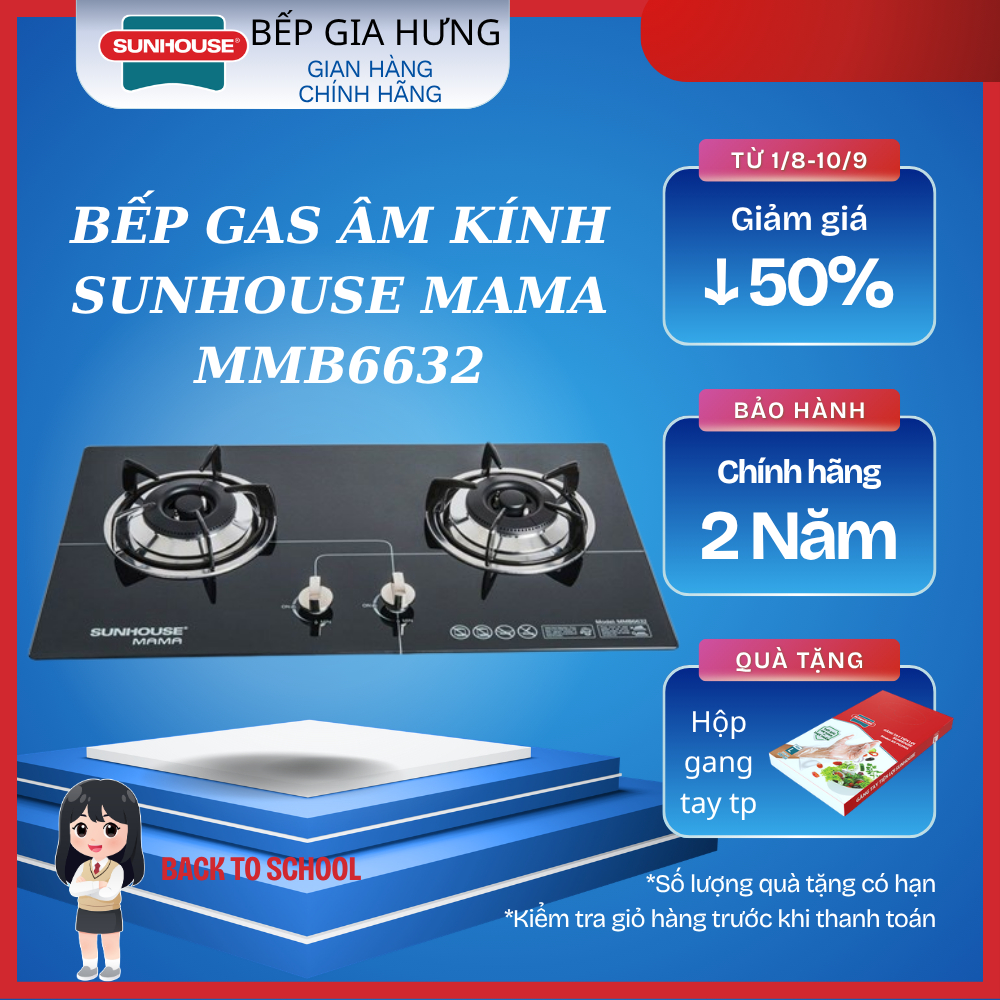 Bếp gas âm kính SUNHOUSE MAMA MMB6632 - Chính hãng - bảo hành toàn quốc