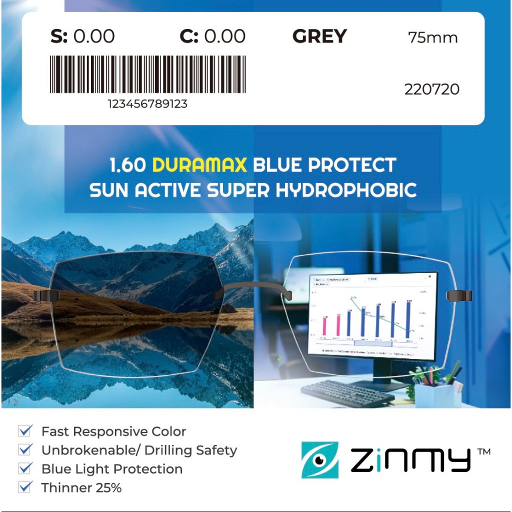 Đơn tròng ZINMY 1.60 DURAMAX BLUE PROTECT SUN ACTIVE SUPER HYDROPHOBIC