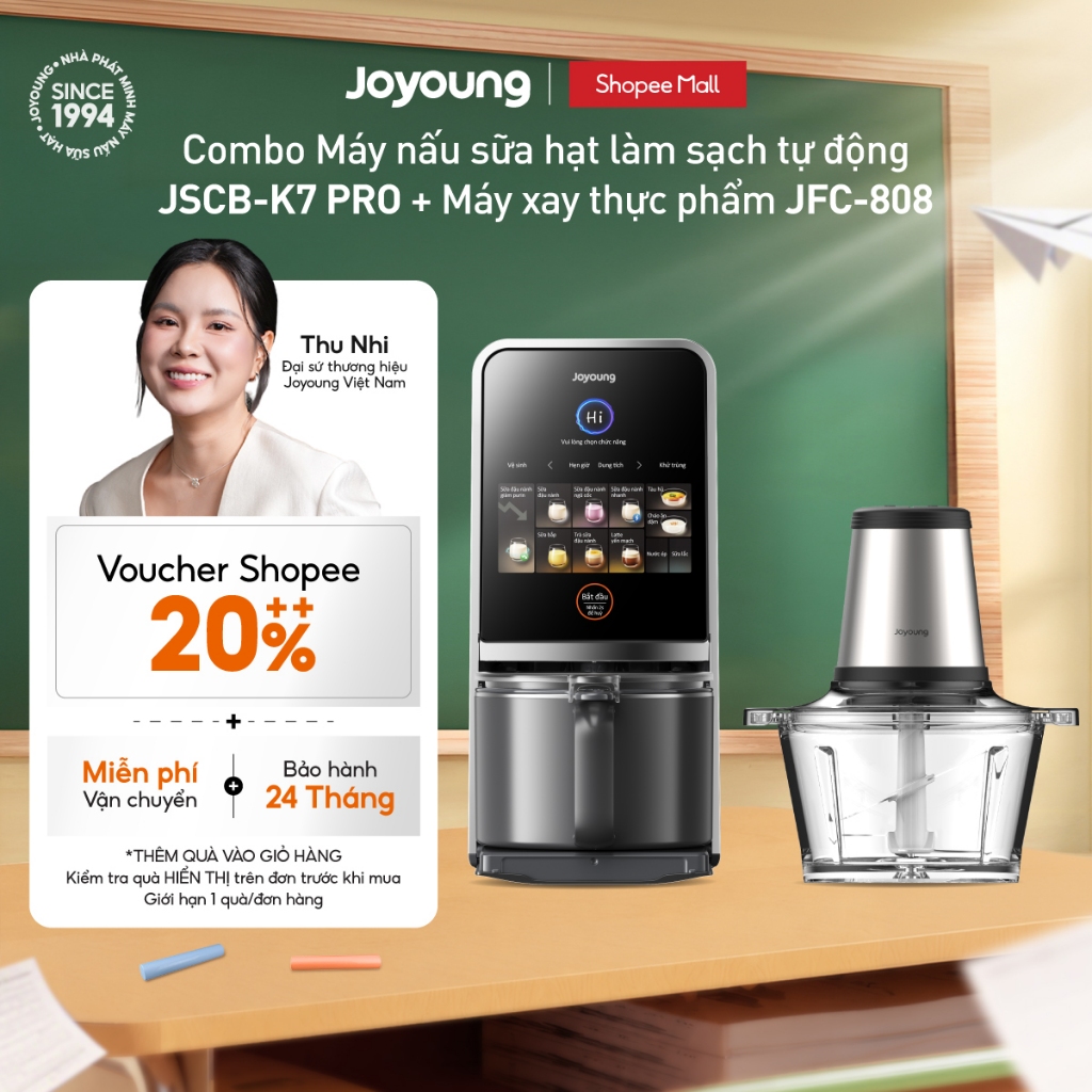 Combo Máy nấu sữa hạt tự động làm sạch Joyoung JSCB-K7 PRO + Máy xay thực phẩm JFC-808