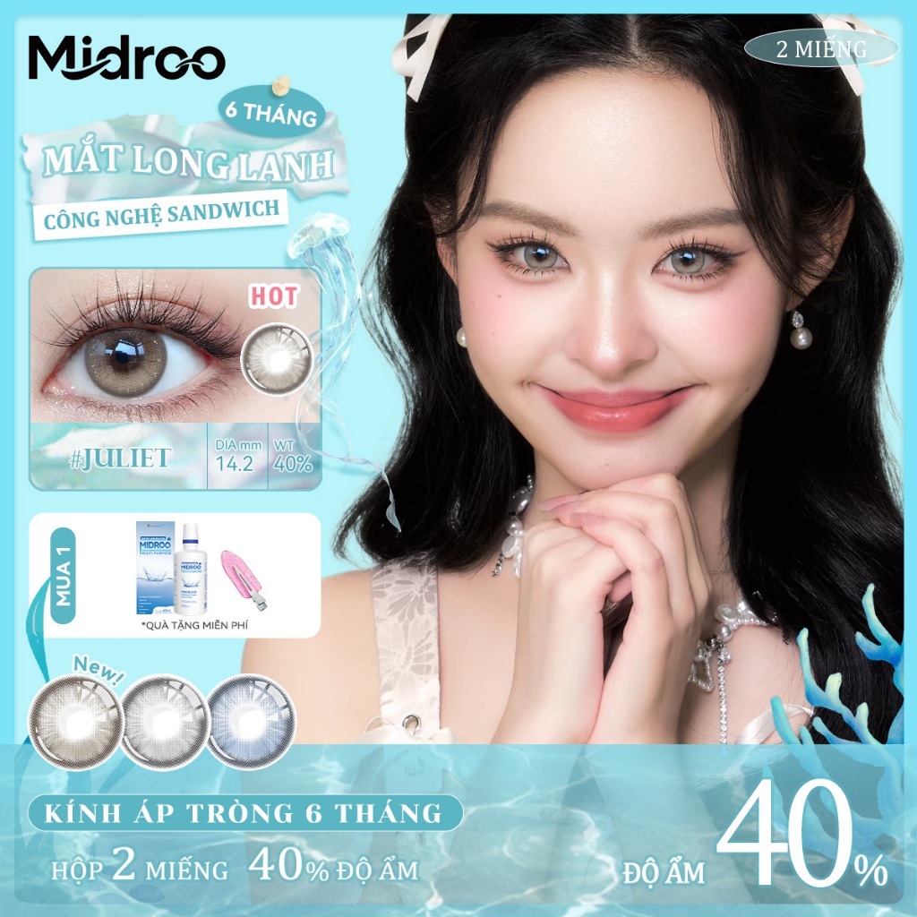 【Tặng 60ml Solution】 Lens Midroo 0-6 Độ Lens Mắt long lanh 2 miếng Độ ẩm 40% Juliet 14.2mm Kính áp t