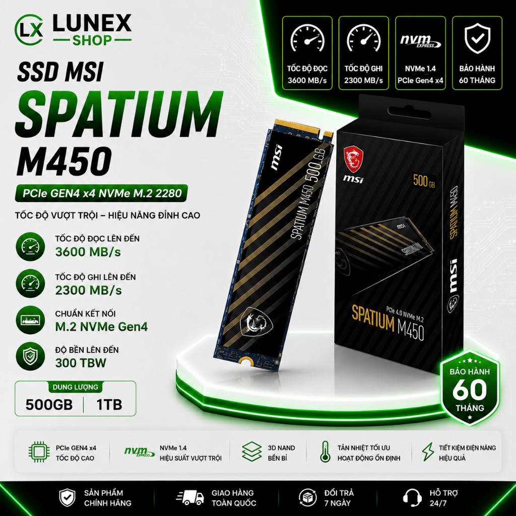 Ổ cứng SSD MSI SPATIUM M450 500GB 1TB M.2 2280 PCIe Gen4 x4 NVMe - bảo hành 24 tháng