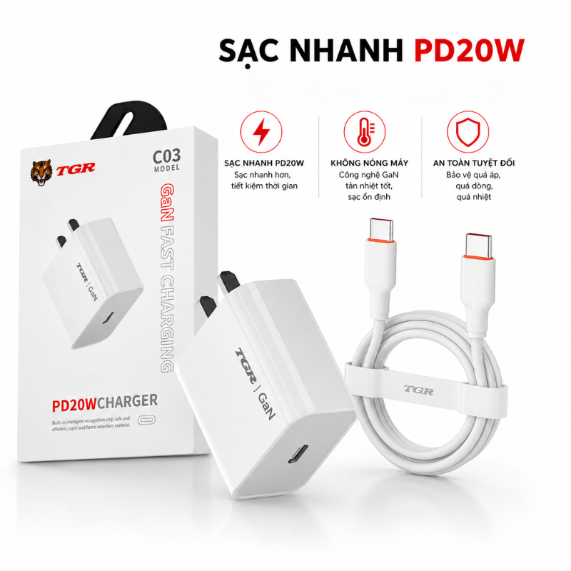 Bộ củ sạc và cap sạc nhanh PD 20W chính hãng TGR cho điện thoại ip và android bảo hành 3 tháng