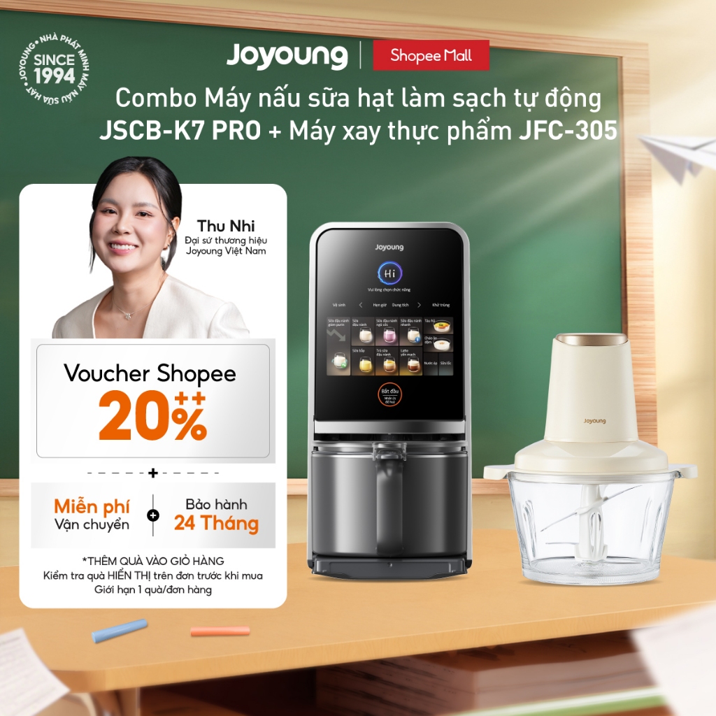 Combo Máy nấu sữa hạt tự động làm sạch Joyoung JSCB-K7 PRO + Máy xay thực phẩm JFC-305