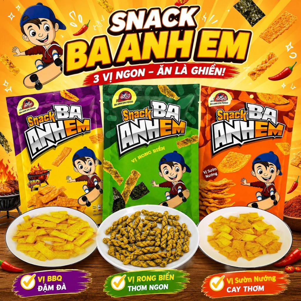 Snack Ba Anh Em Food 50g Bim Bim Giòn Tan 3 Vị BBQ Rong Biển Sườn Nướng Ăn Vặt Cổng Trường Thơm Ngon