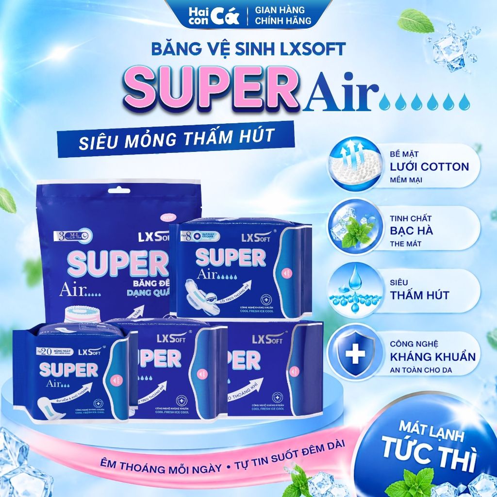 Băng Vệ Sinh LXSoft Super Air Ban Ngày Có Cánh Mặt Lưới Bạc Hà – Siêu Mỏng, Siêu Thấm, Chống Tràn Hi
