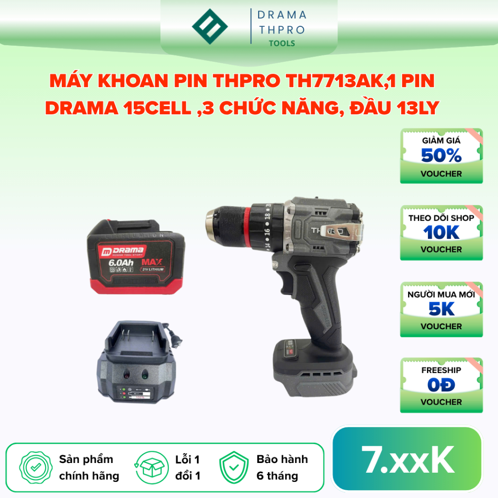 Máy Khoan Pin THPRO TH7713AK,1 pin DRAMA 15cell ,3 Chức Năng, Đầu 13ly,Động Cơ Không Chổi Than