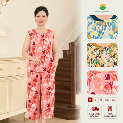 Bộ lanh trung niên Việt Thắng quần lửng áo sát nách họa tiết - B05.6047