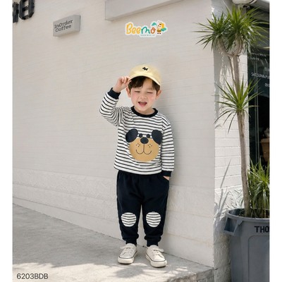 Set thun dài tay Beemo kẻ ngang in hình chú chó đáng yêu vải cotton 4C co giãn cho bé đi học, đi chơi từ 9-24kg 6203BDB