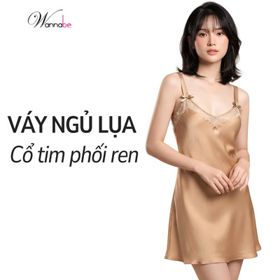 Đầm ngủ WANNABE váy ngủ lụa cổ tim phối ren khoe núi đôi căng tròn bản vai 2cm đính nơ nữ tính DNS54