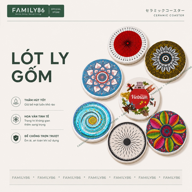 Miếng lót ly bằng đá gốm, lót cốc thấm nước siêu đẹp 10*10cm FAMILY86