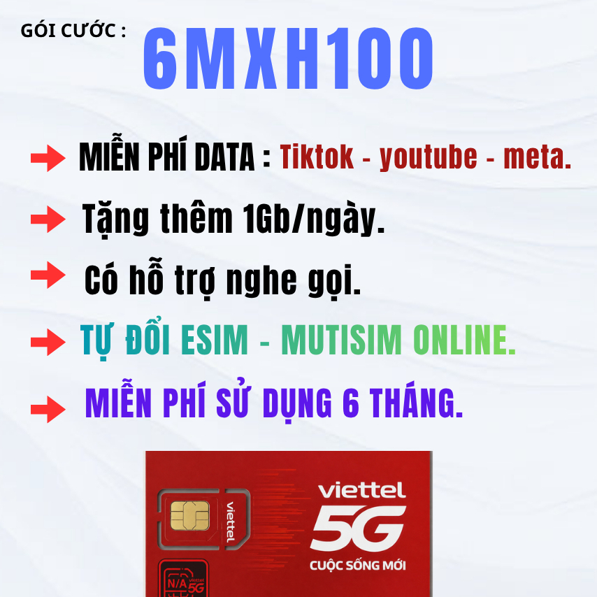 [ 6MXH100 ]. SIM DATA 5G VIETTEL. MIỄN PHÍ XEM YOUTUBE - TIKTOK - META.