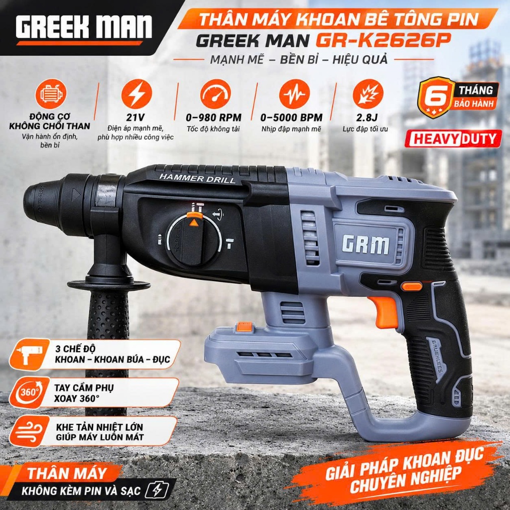 Máy Khoan Bê Tông Pin GRM / Mulitan M21V-6606 3 Chức Năng, Lực Đập 1,8J, Động Cơ Không Chổi Than