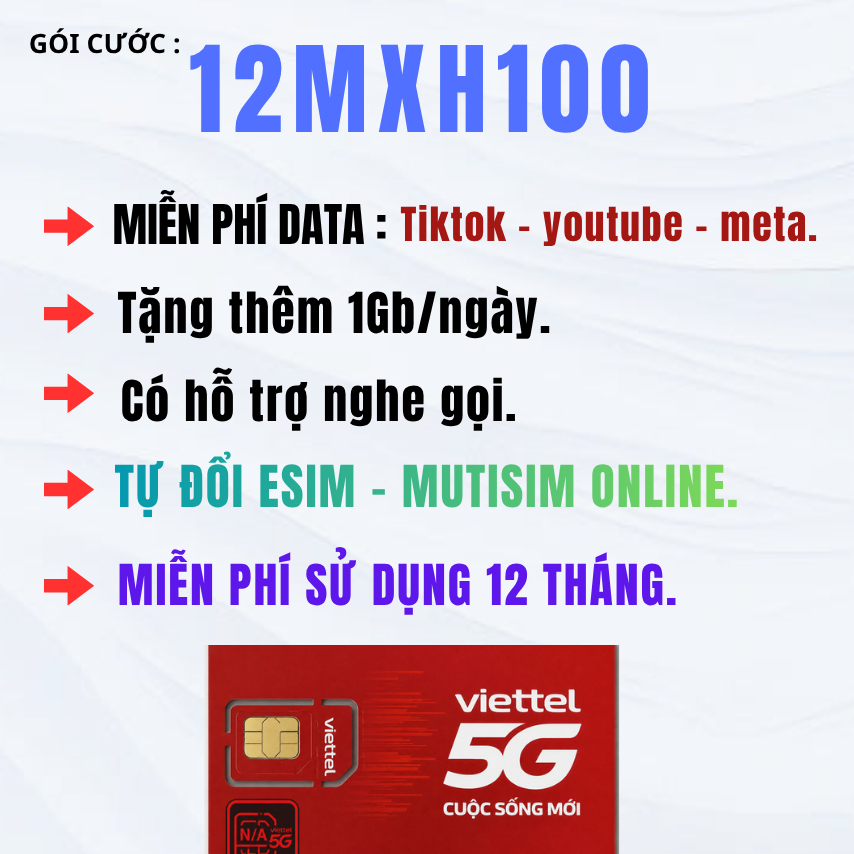 [ 12MXH100 ]. SIM DATA 5G VIETTEL. MIỄN PHÍ XEM YOUTUBE - TIKTOK - META.